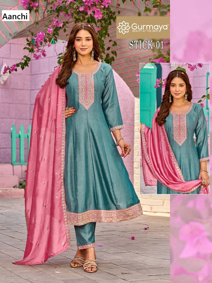 Stick Gurmaya Aanchi Vichitra Silk Readymade Anarkali Suits Wholesaler Ahmedabad