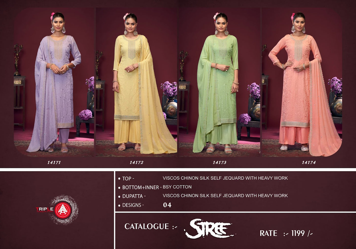 Stree Triple Aaa Chinon Silk Plazzo Style Suits Exporter Gujarat