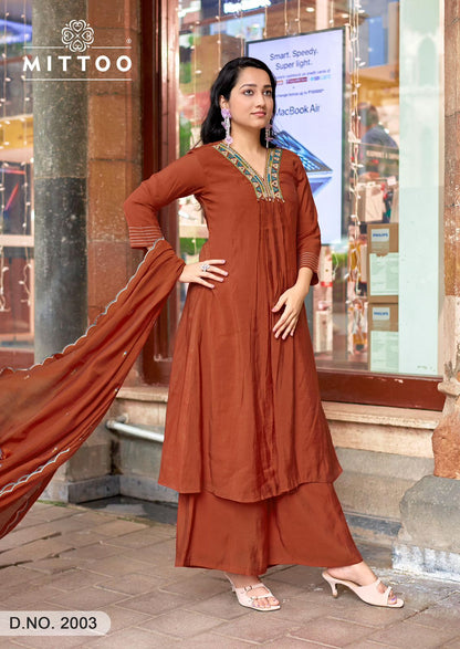 Street Wear Mittoo Chanderi Readymade Plazzo Style Suits Supplier
