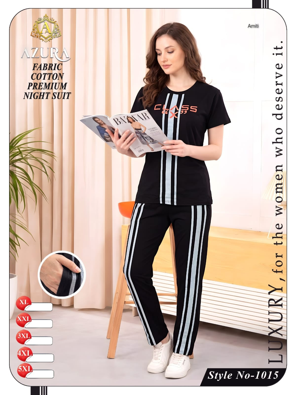 Style 1015 Azura Amiti Cotton Pyjama Night Suits Wholesaler