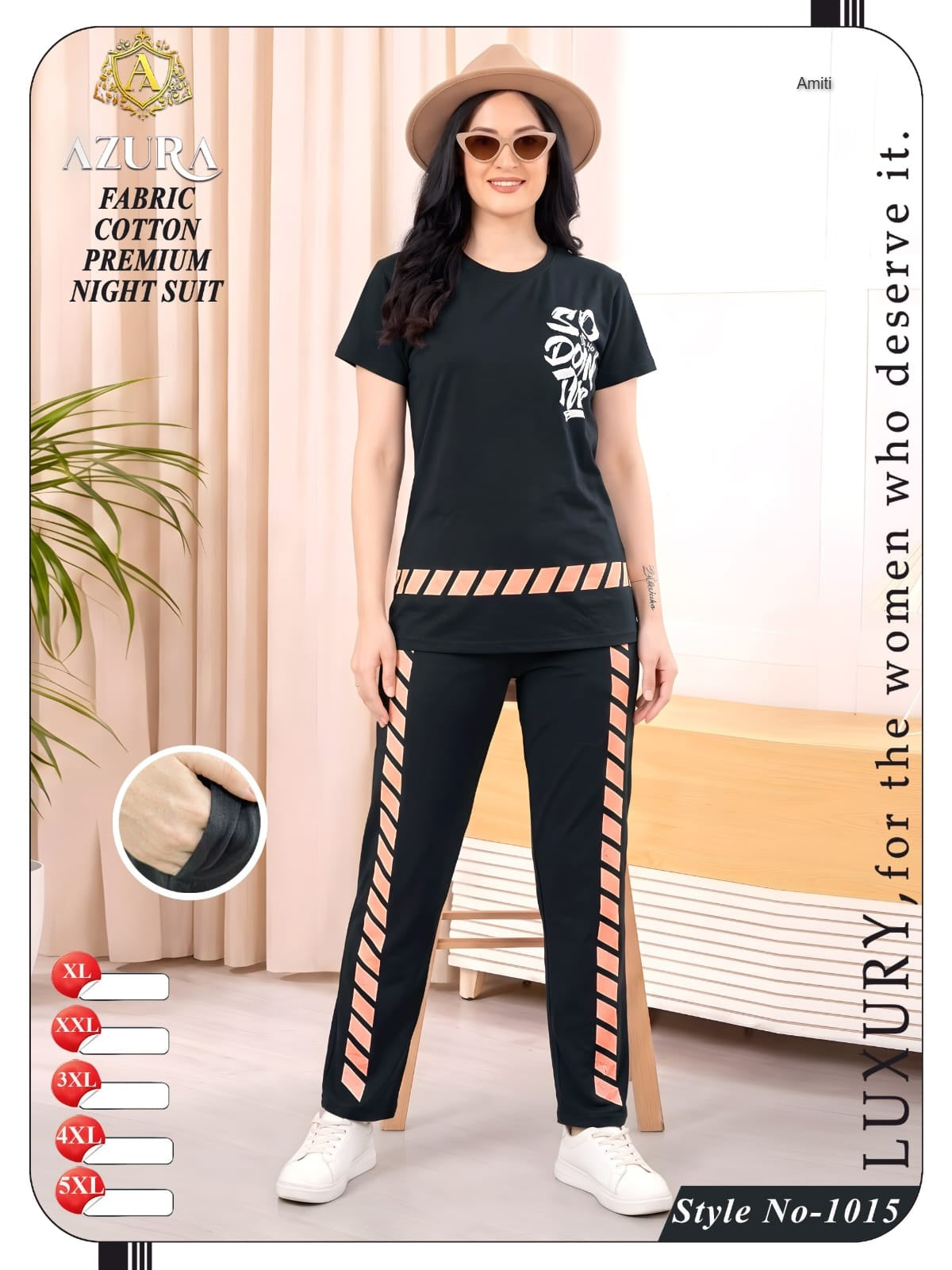 Style 1015 Azura Amiti Cotton Pyjama Night Suits Wholesaler