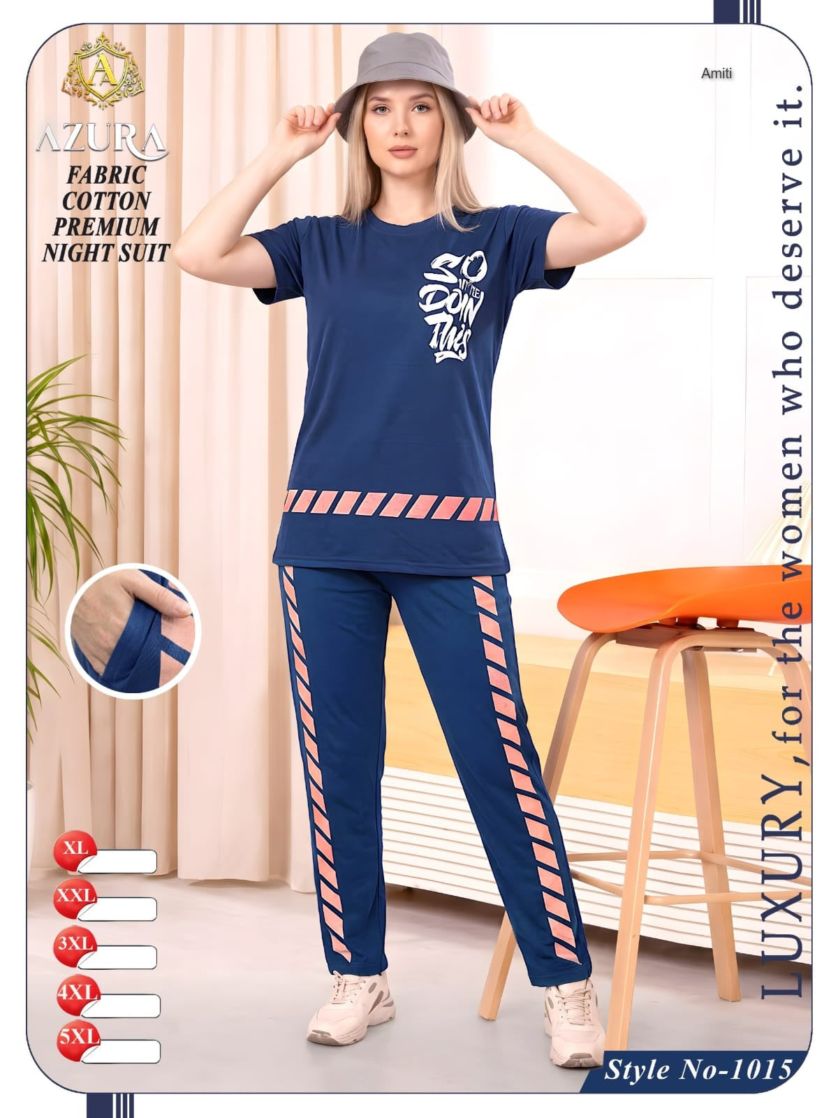 Style 1015 Azura Amiti Cotton Pyjama Night Suits Wholesaler