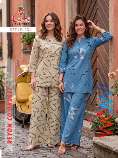 Style 101 Print To Print Lichi Reyon Co Ord Set Wholesale Price