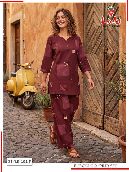 Style 101 Print To Print Lichi Reyon Co Ord Set Wholesale Price