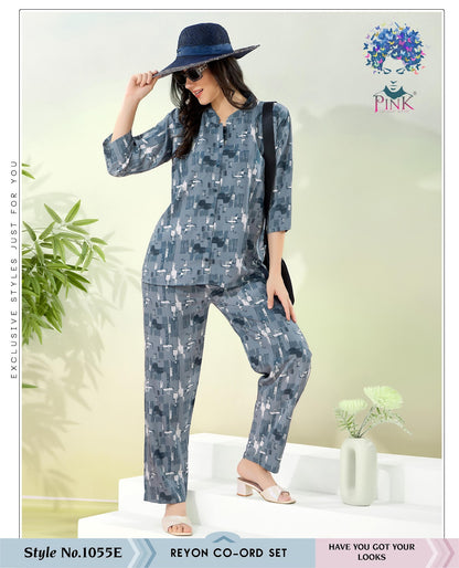 Style 1055 E Pink Reyon Co Ord Set Wholesale
