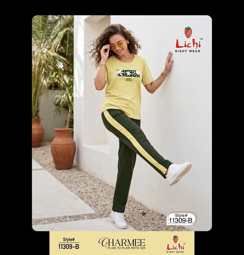 Style 11309 Plain Lichi Hosiery Pyjama Night Suits Wholesaler Ahmedabad