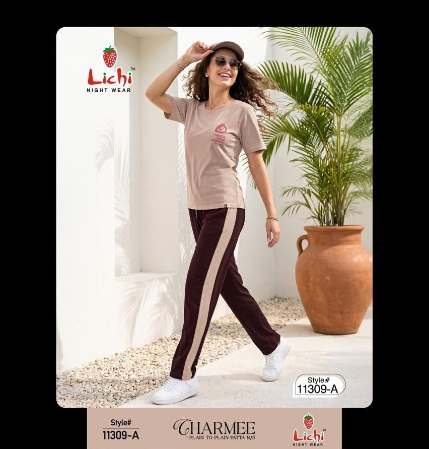 Style 11309 Plain Lichi Hosiery Pyjama Night Suits Wholesaler Ahmedabad