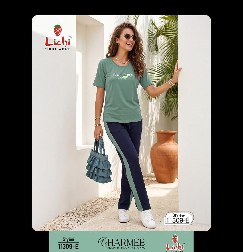 Style 11309 Plain Lichi Hosiery Pyjama Night Suits Wholesaler Ahmedabad