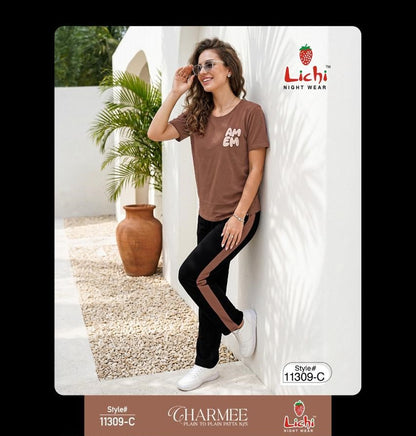 Style 11309 Plain Lichi Hosiery Pyjama Night Suits Wholesaler Ahmedabad