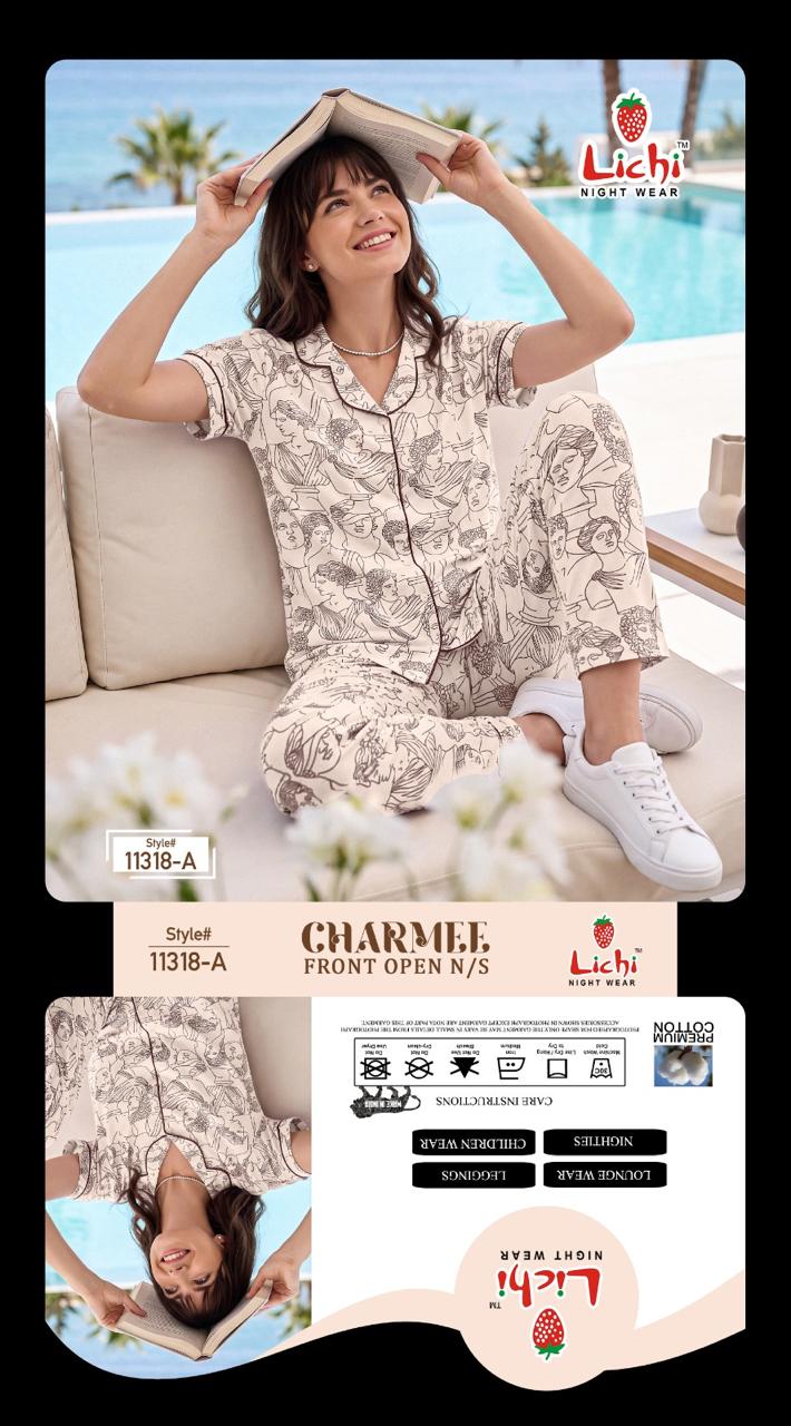 Style 11318 Lichi Hosiery Collar Night Suits Exporter Ahmedabad