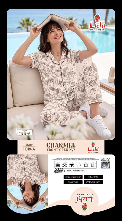 Style 11318 Lichi Hosiery Collar Night Suits Exporter Ahmedabad