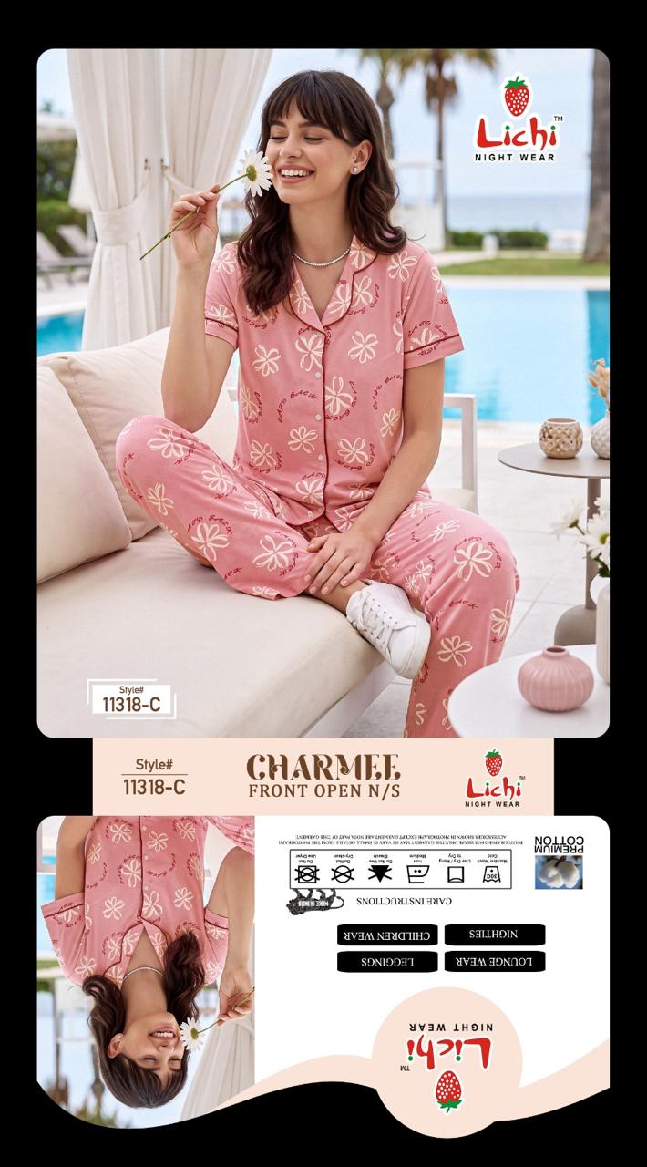Style 11318 Lichi Hosiery Collar Night Suits Exporter Ahmedabad