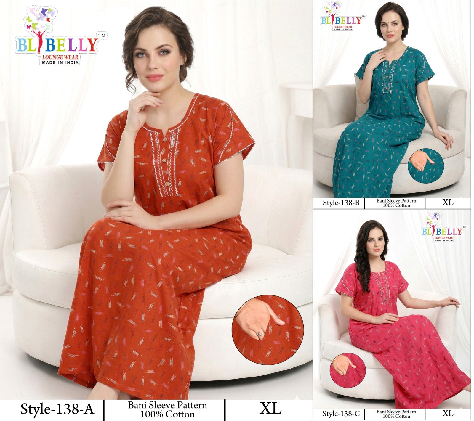Style 117-154 Kalyani Bani Belly Cotton Night Gowns Wholesale Price