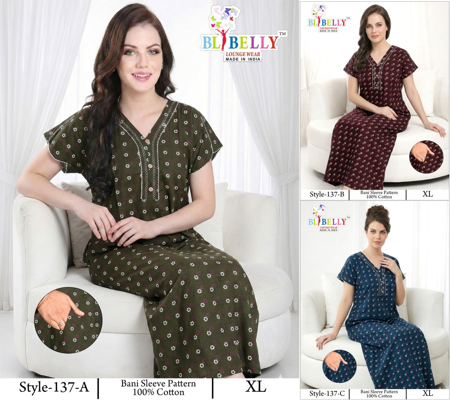 Style 117-154 Kalyani Bani Belly Cotton Night Gowns Wholesale Price