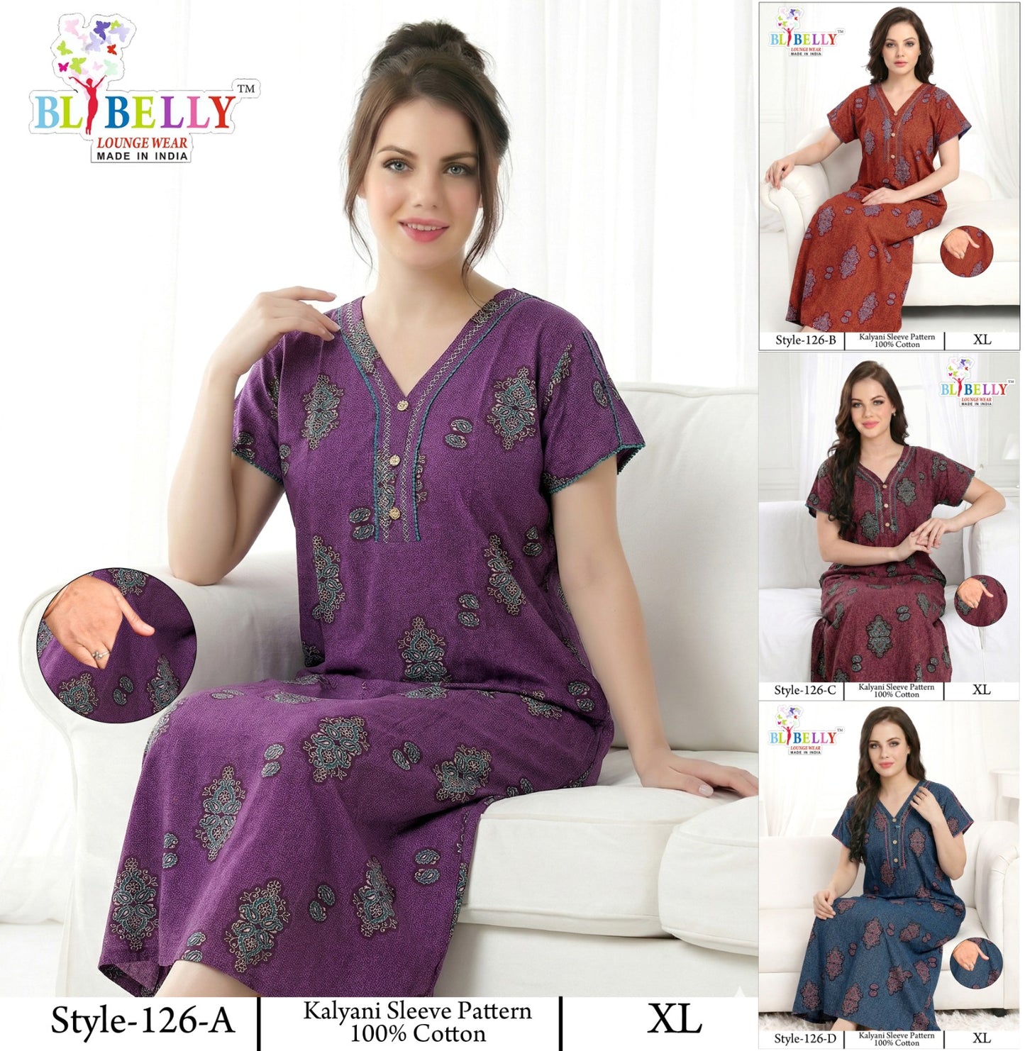 Style 117-154 Kalyani Bani Belly Cotton Night Gowns Wholesale Price