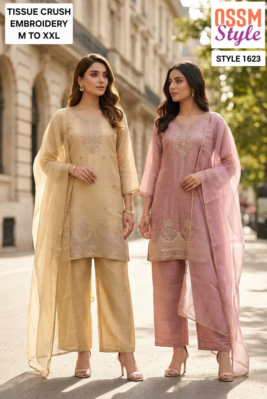 Style 1620-1625 Ossm Tissue Readymade Plazzo Style Suits Exporter