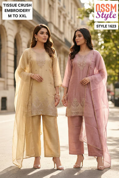 Style 1620-1625 Ossm Tissue Readymade Plazzo Style Suits Exporter