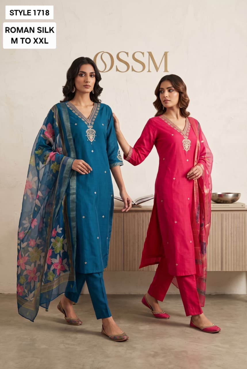 Style 1718-1721 Ossm Roman Silk Readymade Pant Style Suits Exporter Ahmedabad