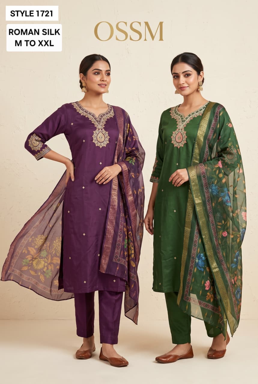 Style 1718-1721 Ossm Roman Silk Readymade Pant Style Suits Exporter Ahmedabad
