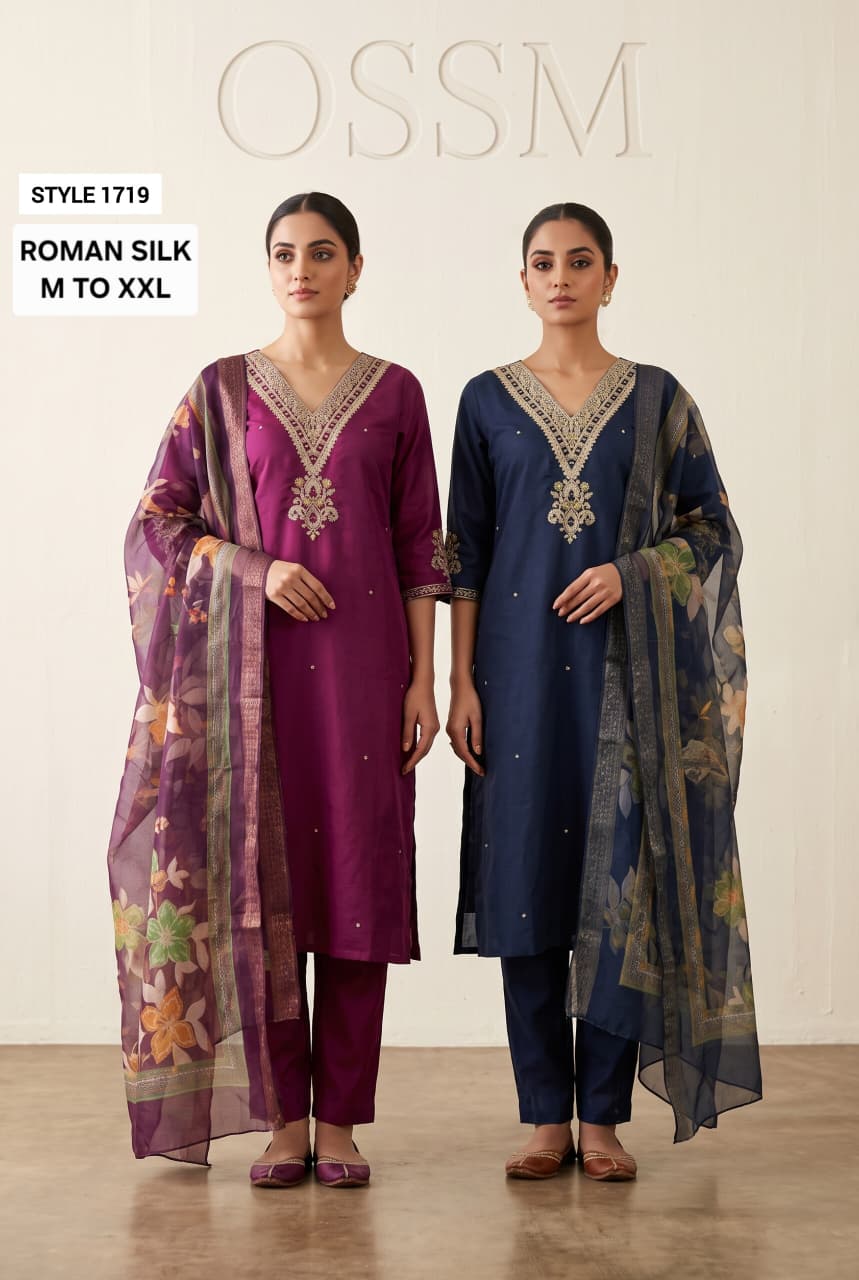Style 1718-1721 Ossm Roman Silk Readymade Pant Style Suits Exporter Ahmedabad