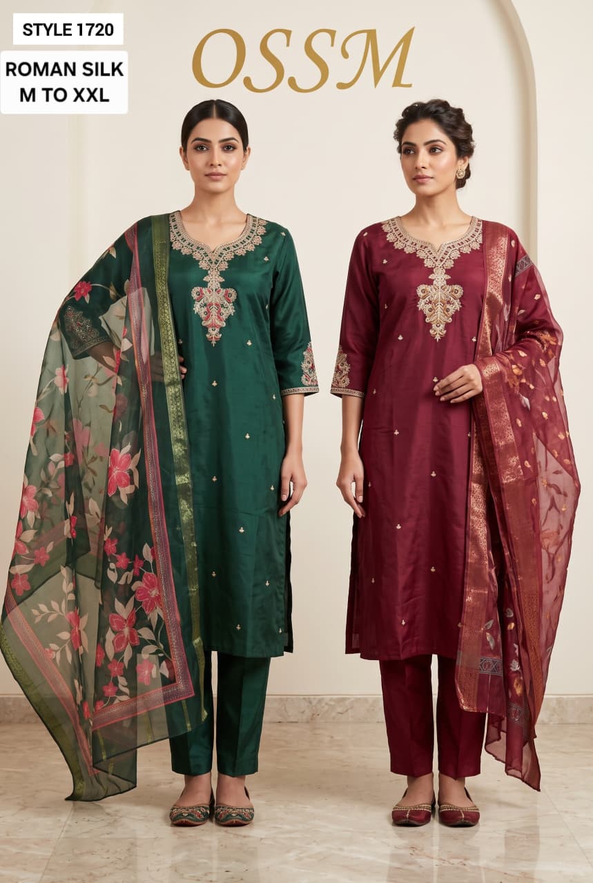 Style 1718-1721 Ossm Roman Silk Readymade Pant Style Suits Exporter Ahmedabad