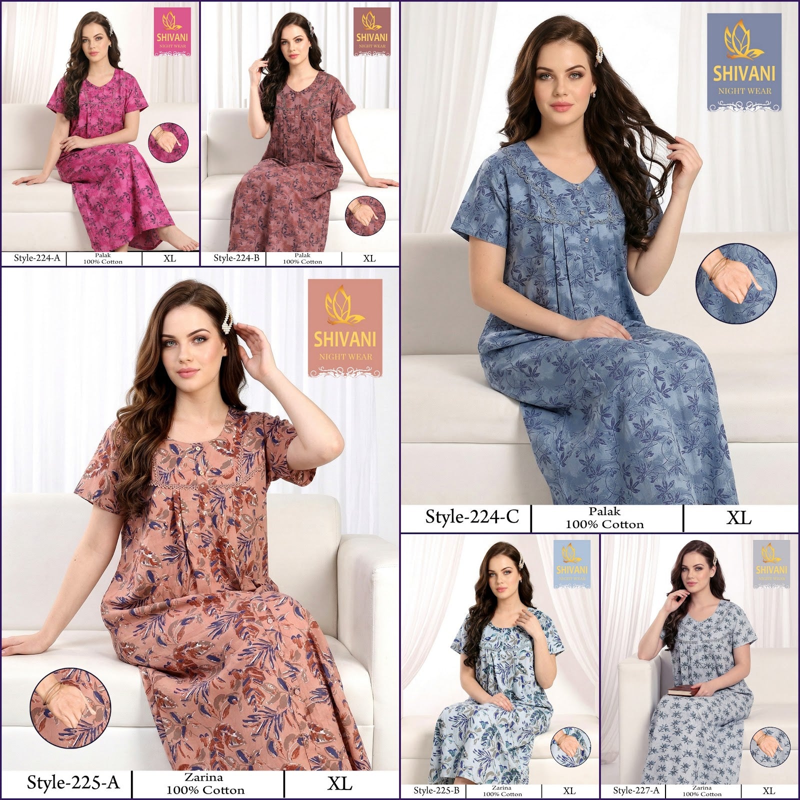 Style 217-233 Zarina Palak Shivani Cotton Night Gowns Wholesaler India