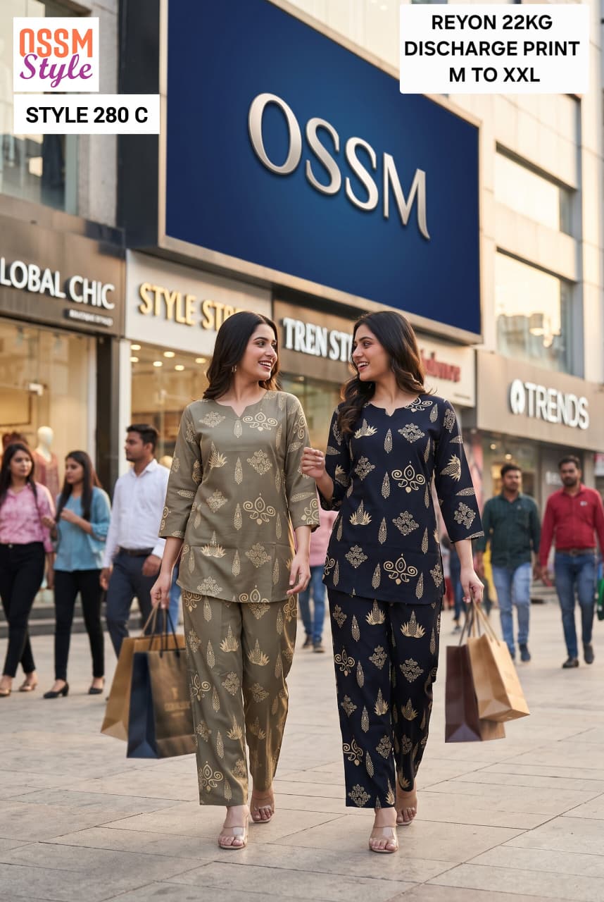 Style 280 Discharge Print Ossm Rayon 22Kg Co Ord Set Supplier India