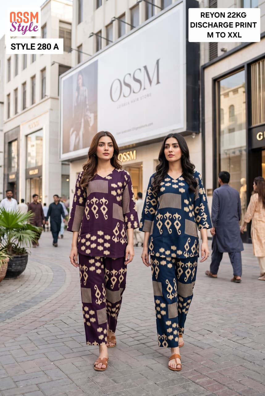 Style 280 Discharge Print Ossm Rayon 22Kg Co Ord Set Supplier India