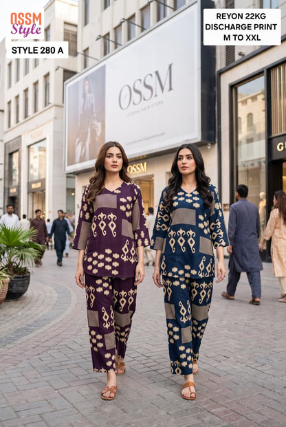 Style 280 Discharge Print Ossm Rayon 22Kg Co Ord Set Supplier India