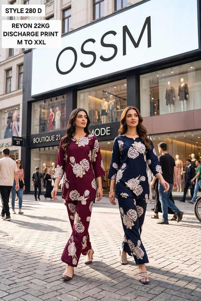 Style 280 Discharge Print Ossm Rayon 22Kg Co Ord Set Supplier India