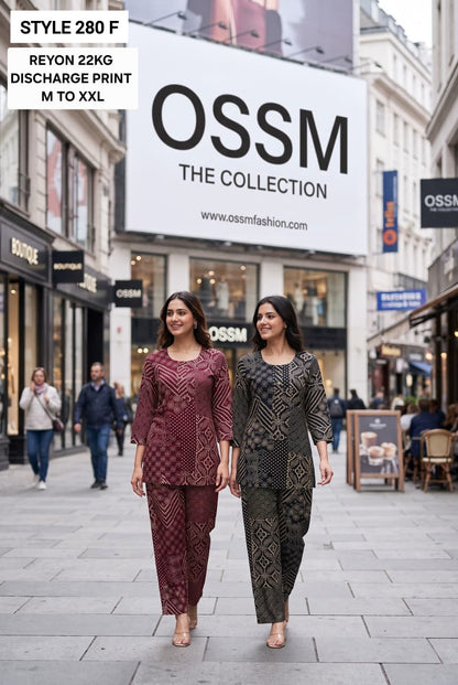 Style 280 Discharge Print Ossm Rayon 22Kg Co Ord Set Supplier India