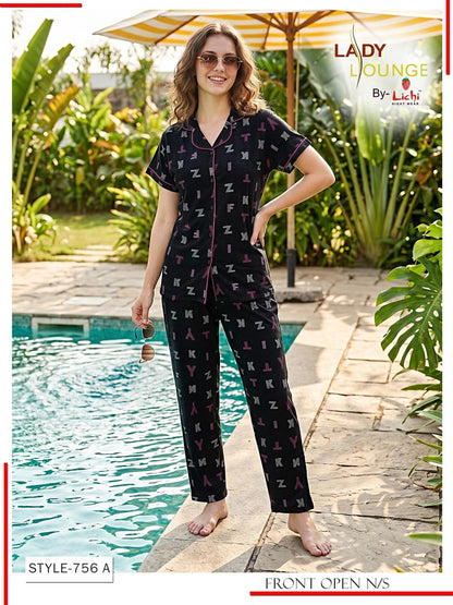 Style 756 Lichi Hosiery Cotton Collar Night Suits Exporter India