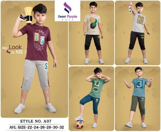 Style Ao7 Sweet Purple Tencil Lycra Boys Capri Night Suit Manufacturer India