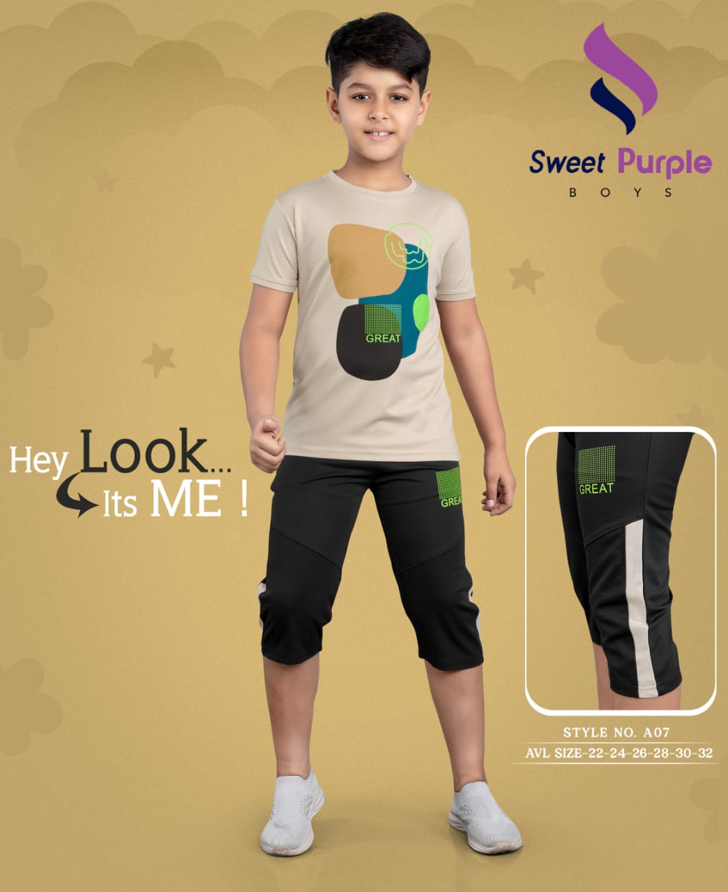 Style Ao7 Sweet Purple Tencil Lycra Boys Capri Night Suit Manufacturer India