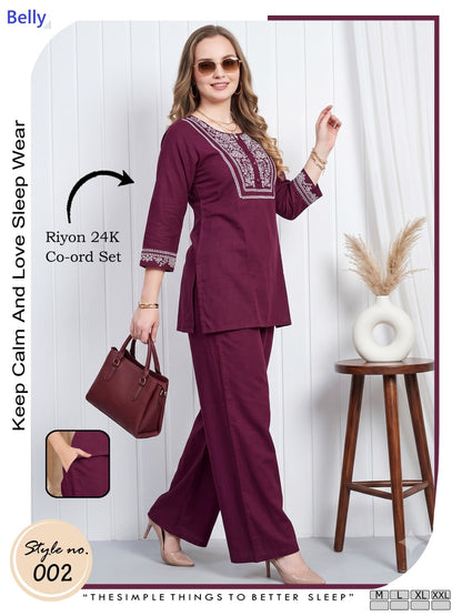 Style No 001-006 Belly Rayon 24Kg Co Ord Set Wholesale Rate