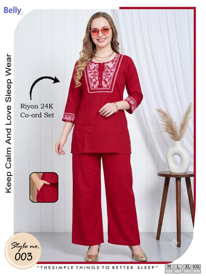 Style No 001-006 Belly Rayon 24Kg Co Ord Set Wholesale Rate