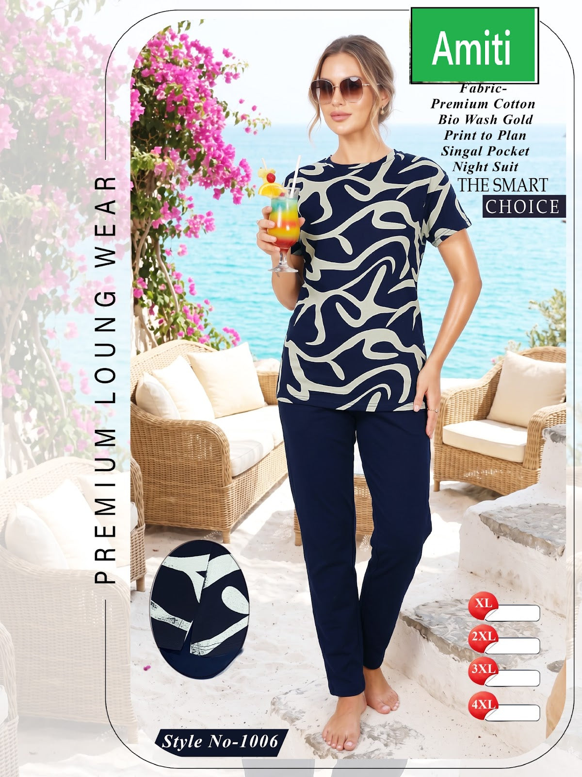 Style No 1006 Amiti Cotton Biowashed Pyjama Night Suits Wholesale Rate