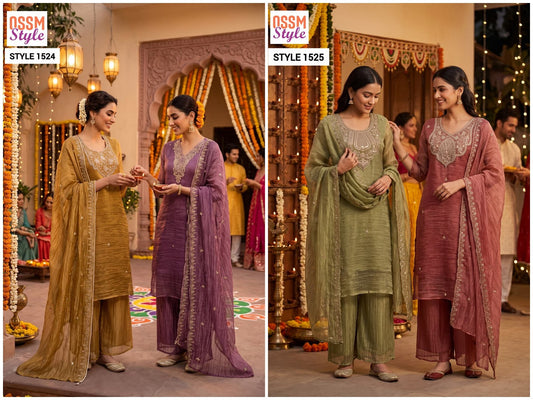 Style No 1524-1525 Beads Work Ossm Salsa Readymade Pant Style Suits Supplier Gujarat