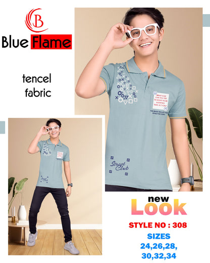 स्टाइल नंबर 308 ब्लू फ्लेम टेंसिल लाइक्रा लड़कों की टीशर्ट थोक विक्रेता अहमदाबाद