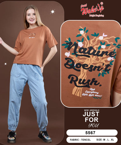 Style No 5567 Wakeup Tencil Women Tshirt Wholesaler India