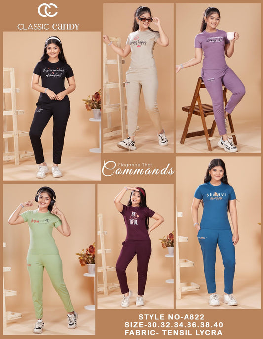 Style No A822 Classic Candy Tencil Lycra Girls Pant Set Wholesaler India