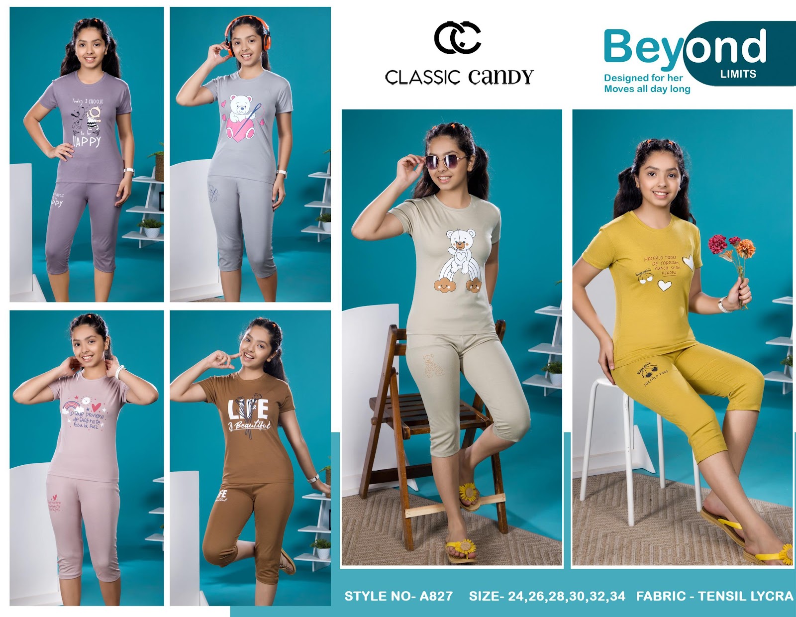 Style No A827 Classic Candy Tencil Lycra Girls Capri Night Suits Supplier Gujarat