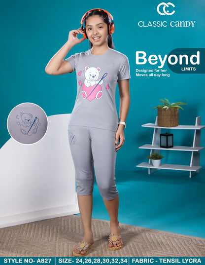 Style No A827 Classic Candy Tencil Lycra Girls Capri Night Suits Supplier Gujarat