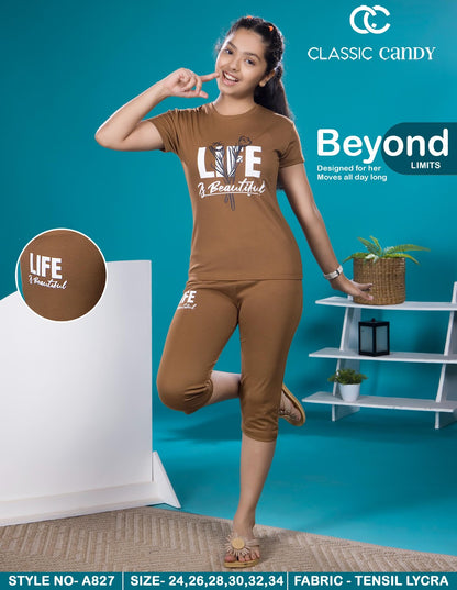 Style No A827 Classic Candy Tencil Lycra Girls Capri Night Suits Supplier Gujarat