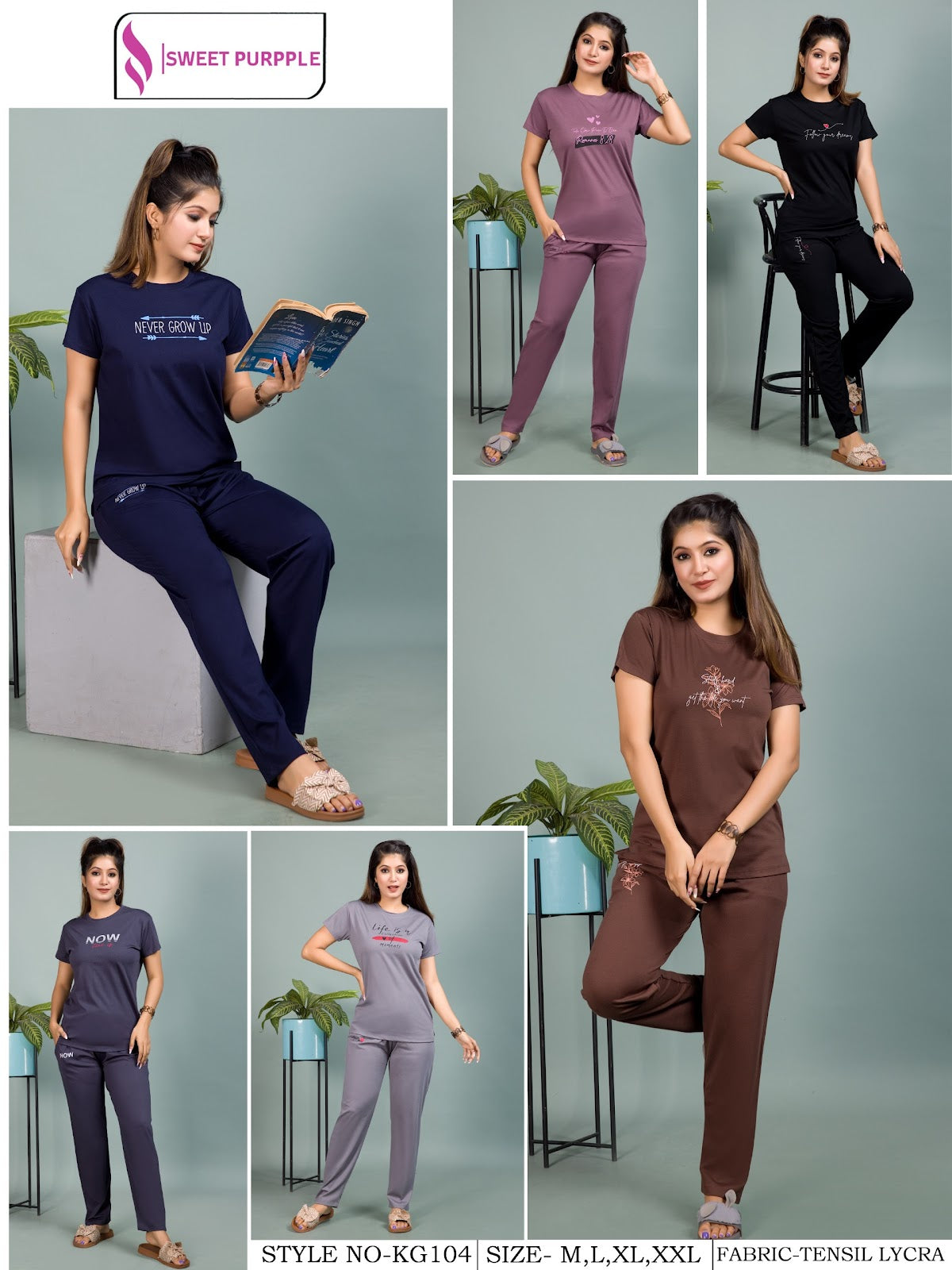 Style No Kg104 Sweet Purple Tencil Lycra Pyjama Night Suits Exporter