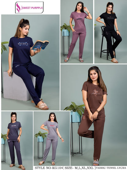 Style No Kg104 Sweet Purple Tencil Lycra Pyjama Night Suits Exporter