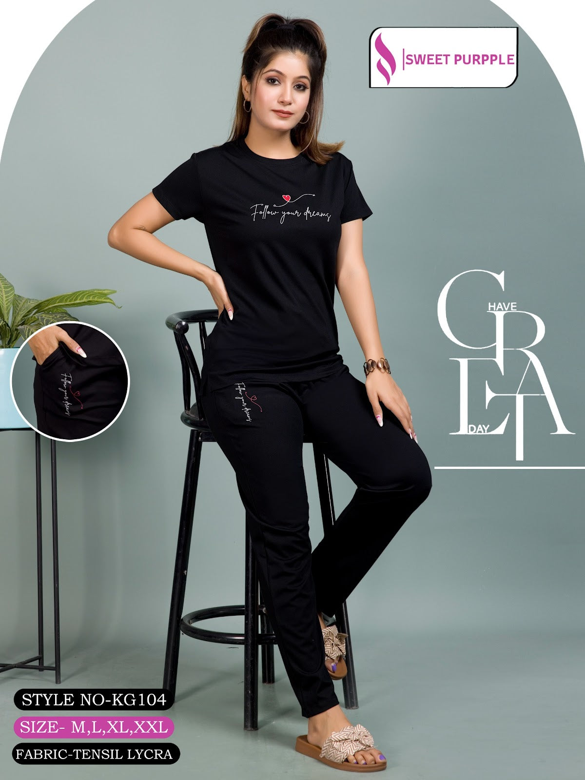 Style No Kg104 Sweet Purple Tencil Lycra Pyjama Night Suits Exporter