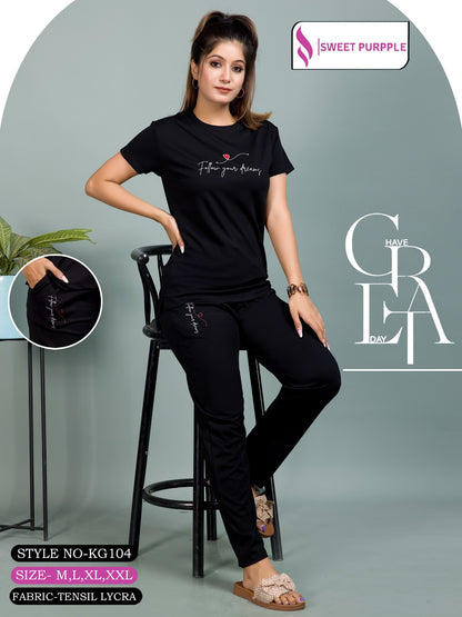 Style No Kg104 Sweet Purple Tencil Lycra Pyjama Night Suits Exporter