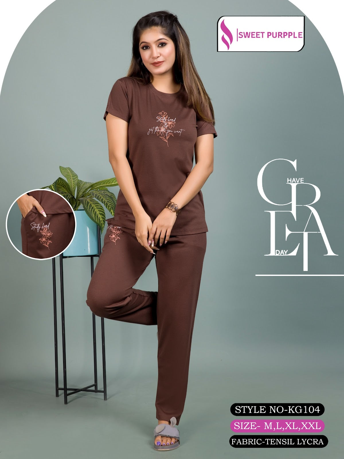 Style No Kg104 Sweet Purple Tencil Lycra Pyjama Night Suits Exporter