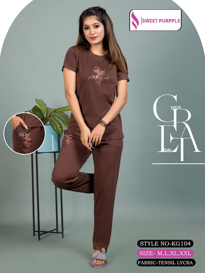 Style No Kg104 Sweet Purple Tencil Lycra Pyjama Night Suits Exporter